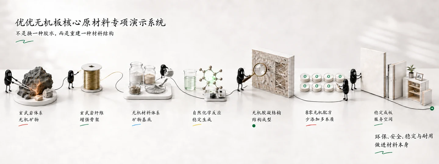 优优无机板核心原材料专项演示系统小黑长卷故事图